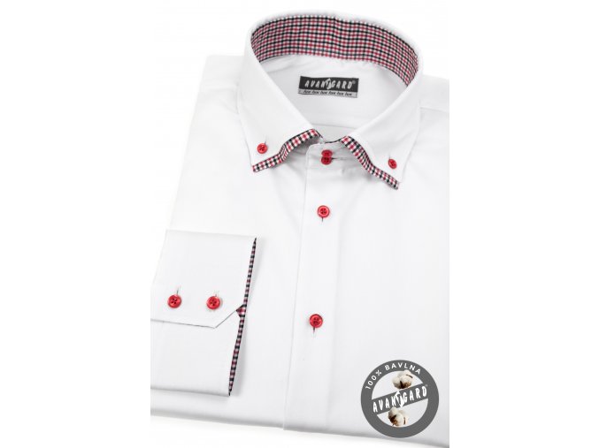 Bílá pánská slim fit košile s červenými detaily, dl.rukáv, 130-0112