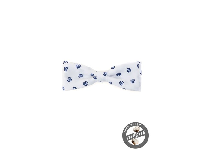 Bílý bavlněný pánský motýlek s modrým vzorem - Trojlístek (10 cm)