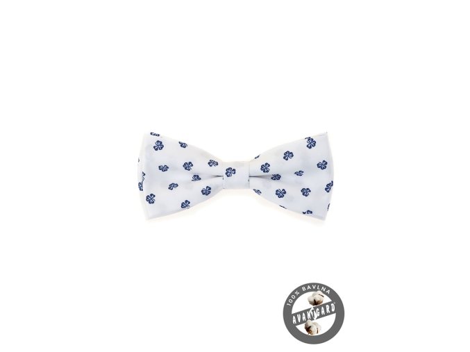 Bílý bavlněný pánský motýlek se vzorem - Trojlístek (12,5 cm)