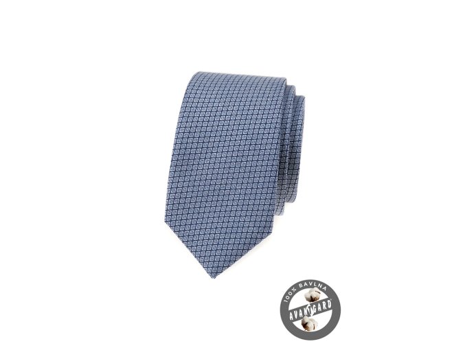 Modrá luxusní bavlněná slim kravata se vzorem