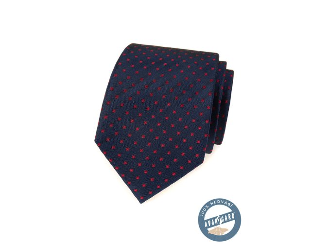 Velmi tmavě modrá hedvábná kravata s červeným vzorkem + dárková krabička