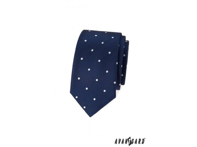 Tmavě modrá slim luxusní kravata s bílými puntíky