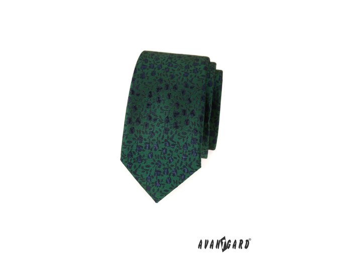 Zelená slim luxusní kravata s modrými květy