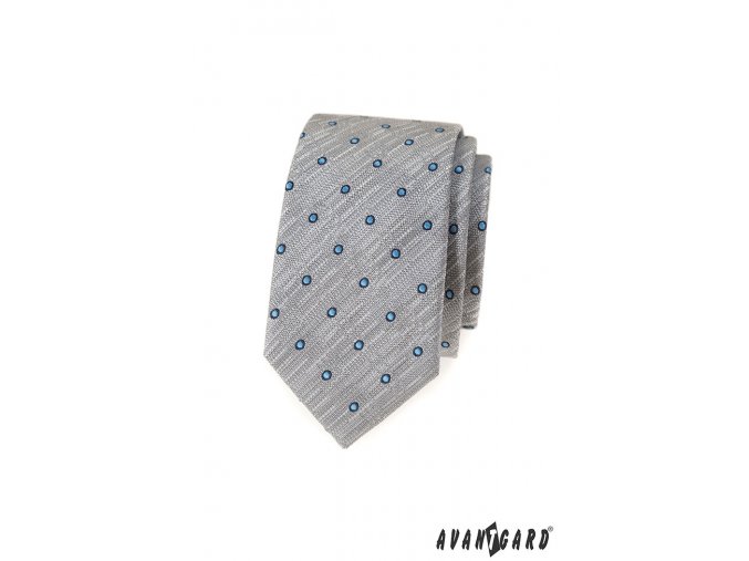 Světle šedá žíhaná luxusní slim kravata s modrými puntíky