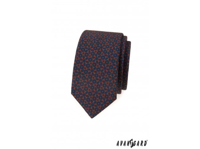 Tmavě modrá luxusní  matná slim kravata se vzorem