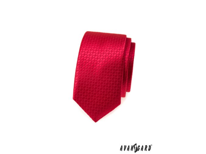 Červená jemně lesklá slim kravata s rytím