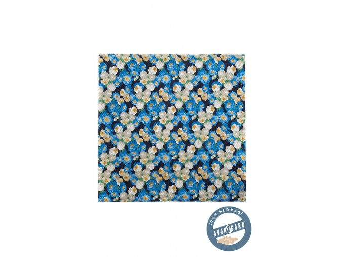 Modrý hedvábný kapesníček s malovanými květy