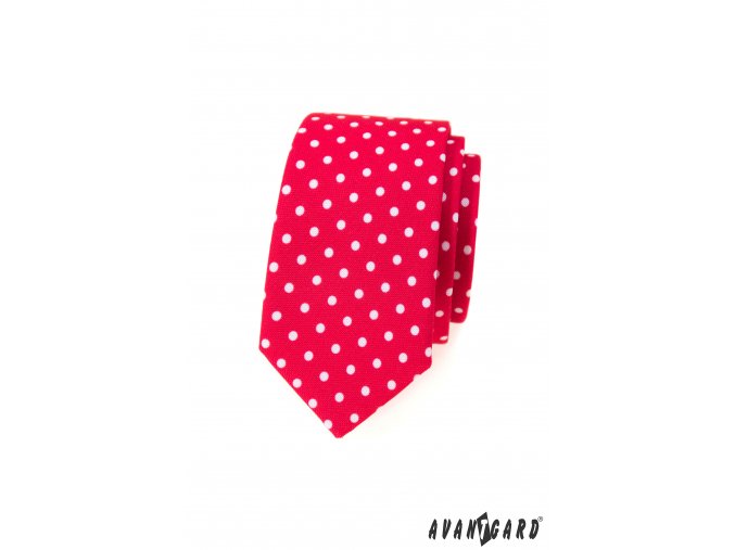 Červená luxusní slim kravata s bílými puntíky