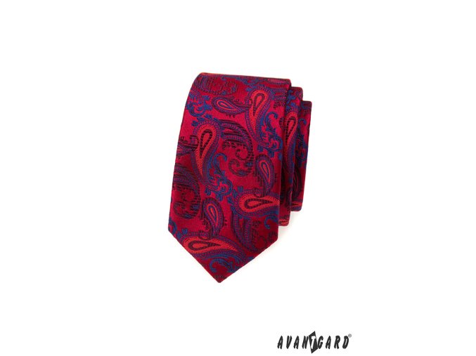 Červená luxusní slim kravata s modrým vzorem
