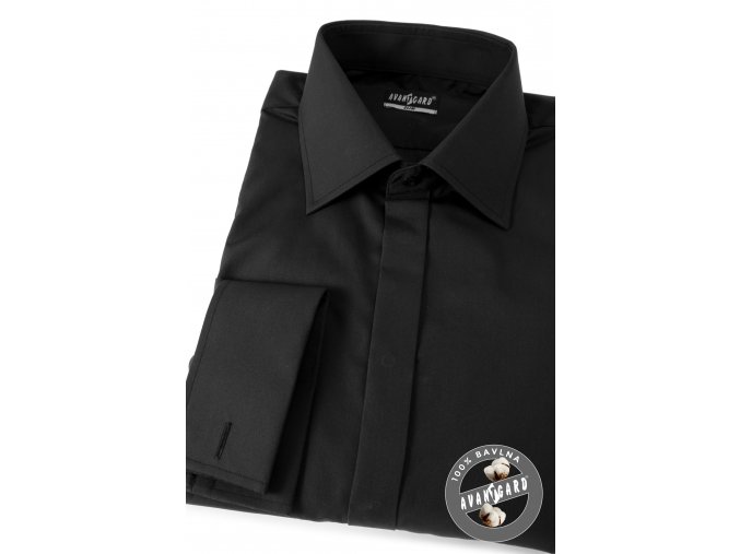 Černá pánská slim fit košile s krytou légou, dl. rukáv na manž. knoflíčky, 111-23