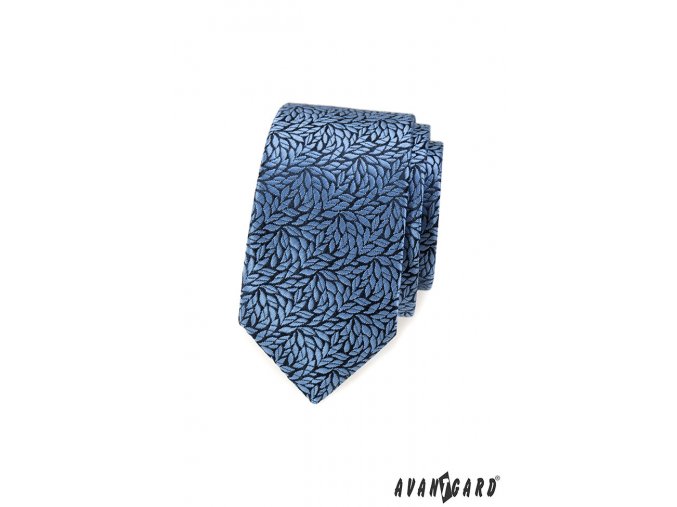 Světle modrá luxusní slim kravata se vzorem - Listy