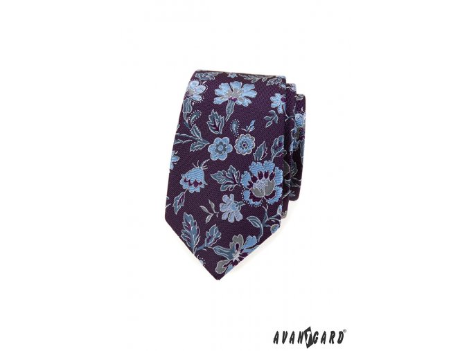 Tmavě fialová luxusní slim kravata s modrými květy