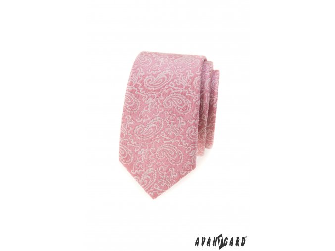 Pudrová luxusní slim pánská kravata s bílým vzorem