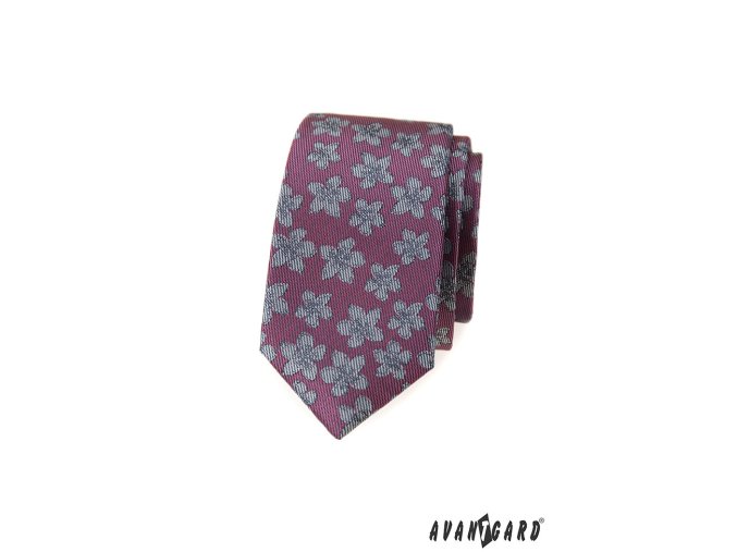 Tmavě starorůžová luxusní pánská slim kravata s šedými květy