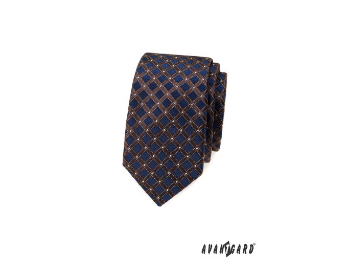 Tmavě modrá luxusní pánská slim kravata s hnědou mřížkou