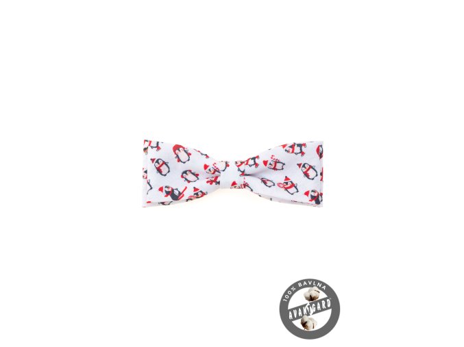 Bílý pánský motýlek se vzorem - Tučňák (10 cm)