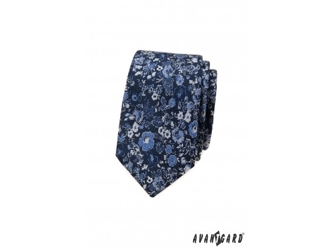 Tmavě modrá luxusní pánská slim kravata s květovaným vzorem