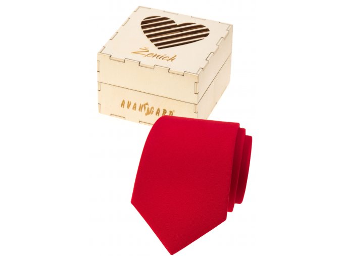 Červená luxusní pánská kravata v dřevěné dárkové krabičce – Ženich