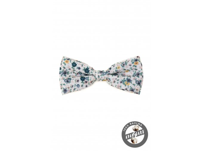 Bílý bavlněný pánský motýlek s tyrkysovými květy