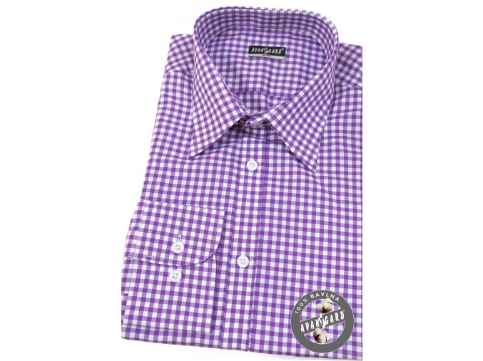 Pánská bílá košile s jemnými fialovými kostkami SLIM FIT dl.rukáv 113-0210