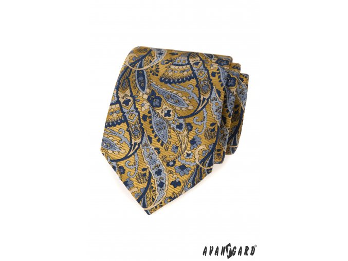 Zlatá luxusní pánská kravata s modrým vzorem