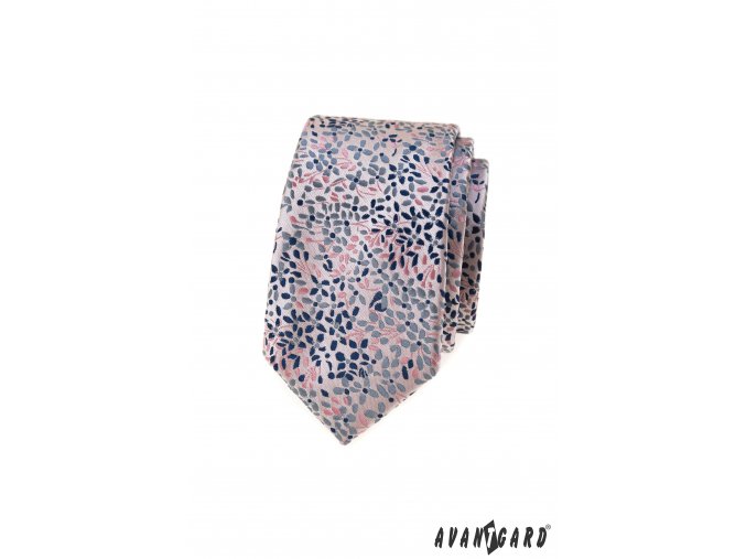 Velmi světle pudrová luxusní pánská slim kravata s květy