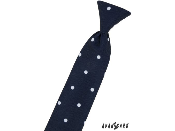Tmavě modrá dětská kravata na gumičku s bílými puntíky (44 cm)