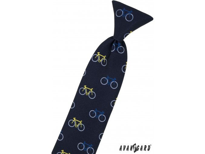 Tmavě modrá dětská kravata na gumičku se vzorem – Kolo (31 cm)