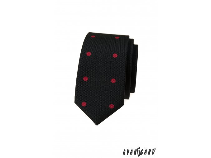 Černá luxusní pánská slim kravata s červenými puntíky
