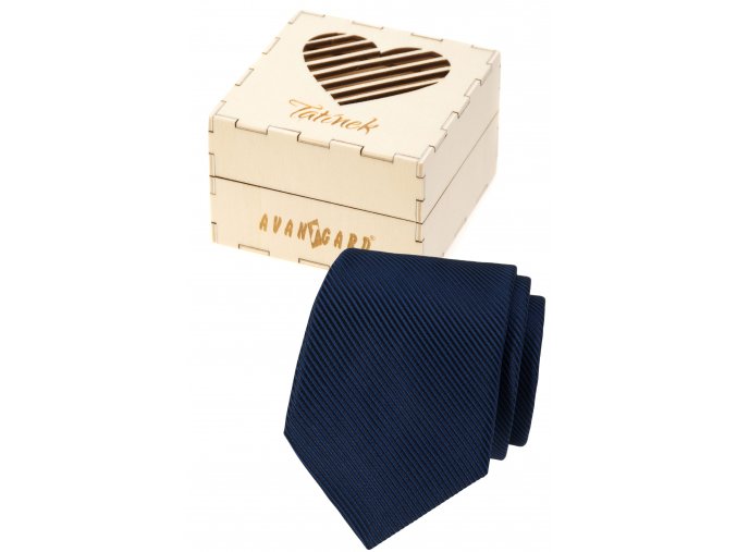 Tmavě modrá pánská kravata s proužkovanou strukturou v dřevěné dárkové krabičce – Tatínek