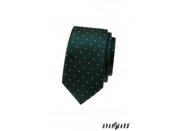 Tmavě zelená luxusní pánská slim kravata s bílými tečkami