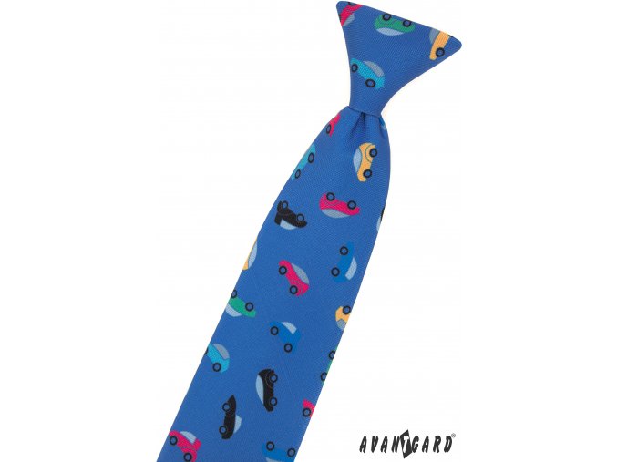 Zářivě modrá dětská kravata na gumičku s barevnými auty (44 cm)