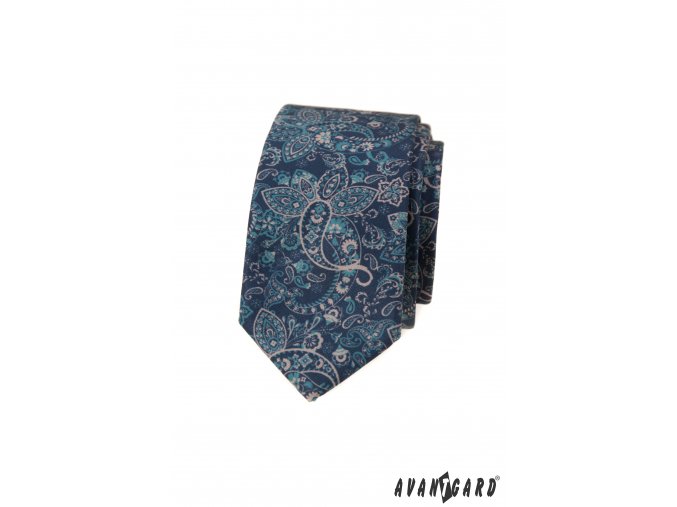 Modrá luxusní pánská slim kravata s orientálním vzorem