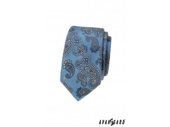 Světle modrá luxusní pánská slim kravata s výrazným vzorem