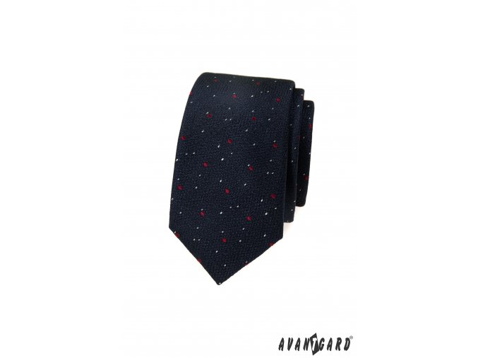 Tmavě modrá luxusní pánská slim kravata s červenobílým vzorem