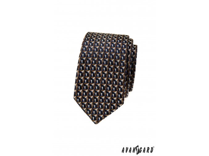 Tmavě modrá luxusní pánská slim kravata se zlatým vzorem