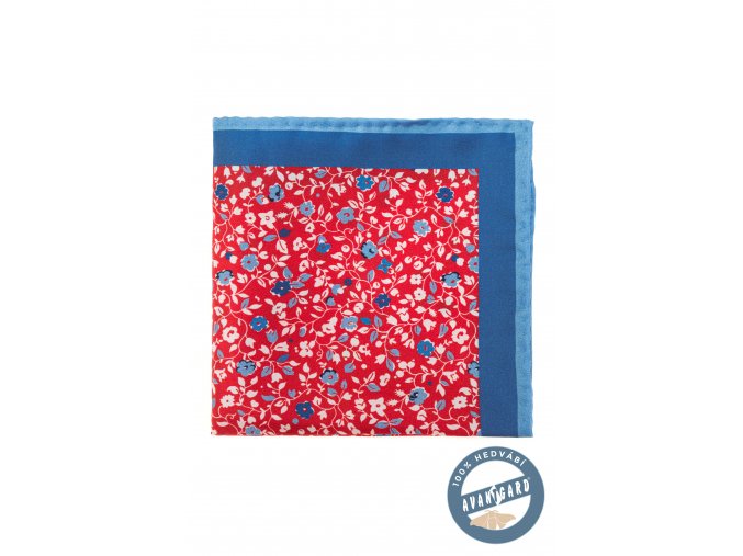 Červený hedvábný kapesníček do saka s květinami a modrým okrajem