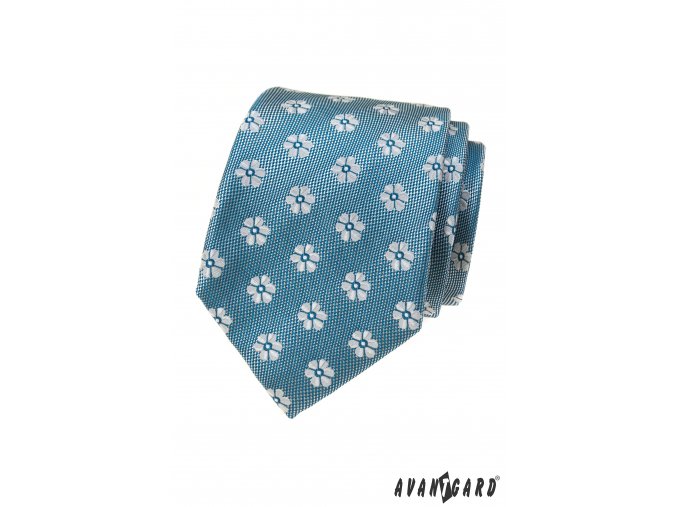 Tyrkysová luxusní pánská kravata s květinami