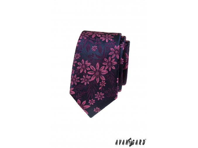 Tmavě modrá luxusní pánská slim kravata s růžovými květinami