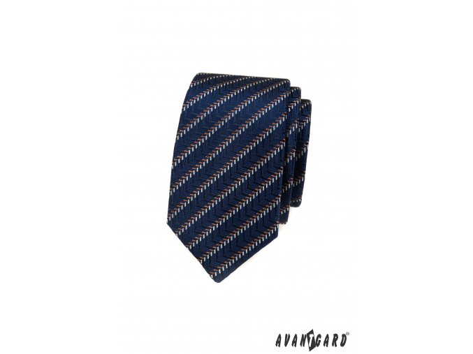 Tmavě modrá luxusní pánská slim kravata s hnědo-bílým vzorem