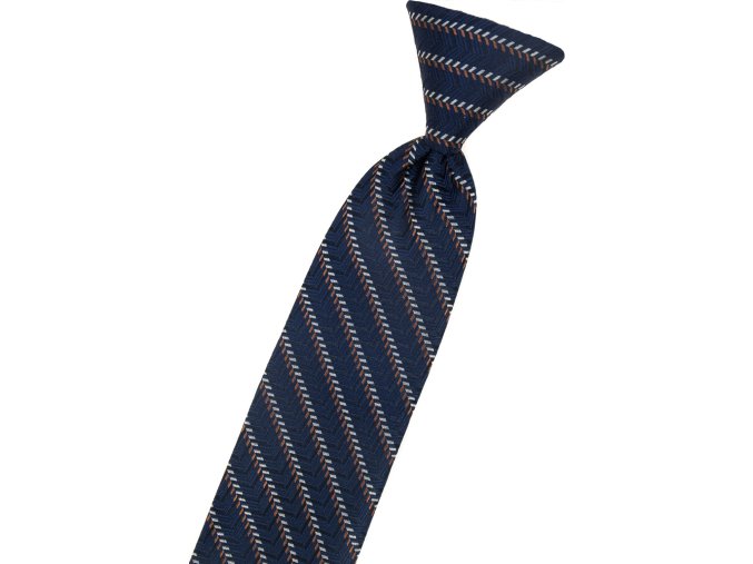 Tmavě modrá dětská kravata na gumičku s hnědým vzorkem (31 cm)