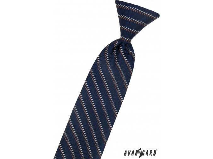 Tmavě modrá dětská kravata na gumičku s hnědým vzorkem (31 cm)
