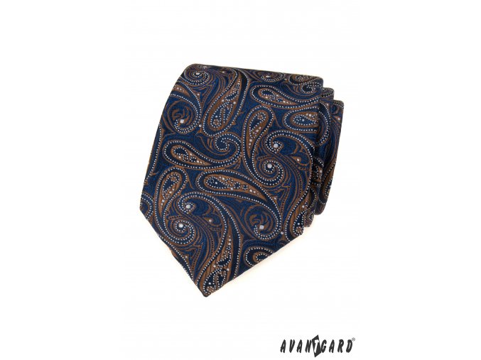 Tmavě modrá luxusní pánská kravata s hnědým vzorem