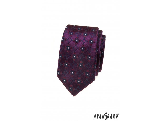 Tmavě fialová luxusní pánská slim kravata s květy