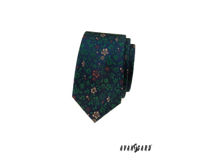 Tmavě modrá luxusní pánská slim kravata se zeleným květovaným vzorem