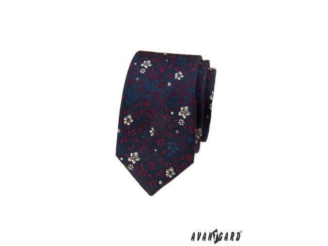 Tmavě modrá luxusní pánská slim kravata s vínovými květy