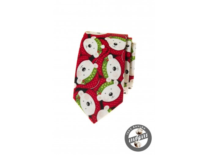 Červená bavlněná luxusní pánská slim kravata se vzorem – Lední medvěd