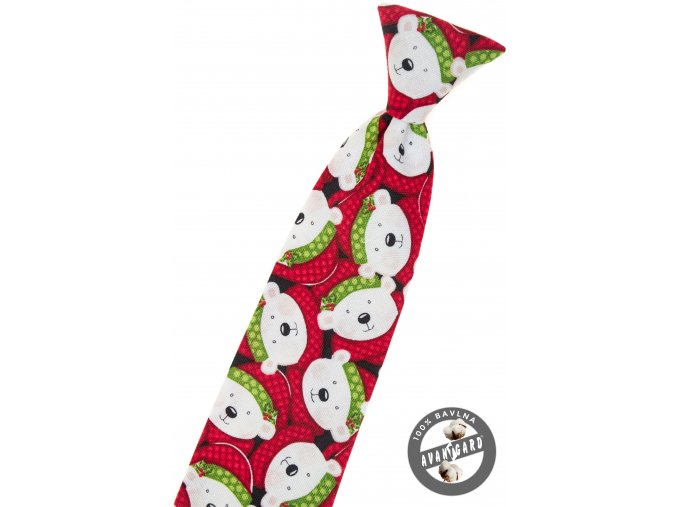 Červená bavlněná dětská kravata se vzorem – Lední medvěd (31 cm)