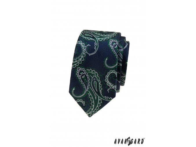 Tmavě modrá luxusní pánská slim kravata se zeleno-bílým vzorem