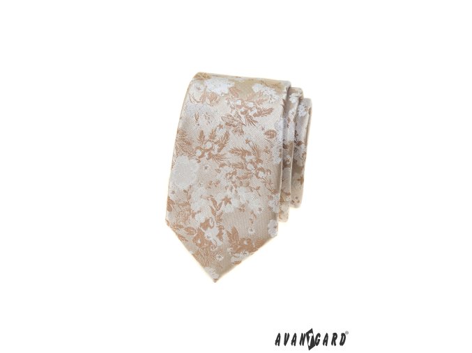 Béžová luxusní pánská slim kravata s květy